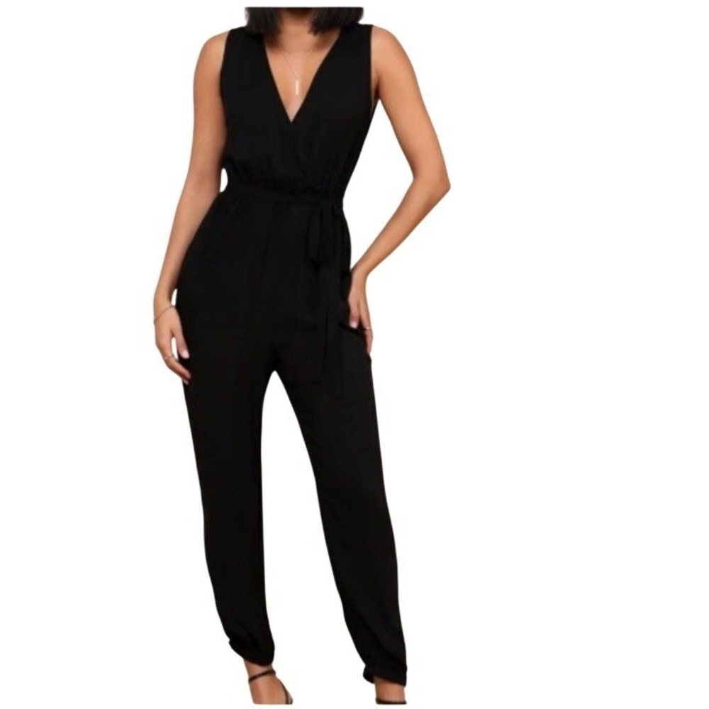 Lulus Black Sleeveless Surplice V-Neck Jumpsuit with Pockets Size L Minimalist